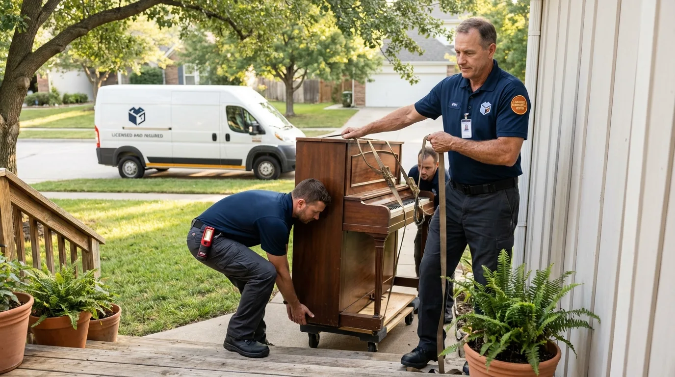 Licensed piano movers securing grand piano in Newtown, PA