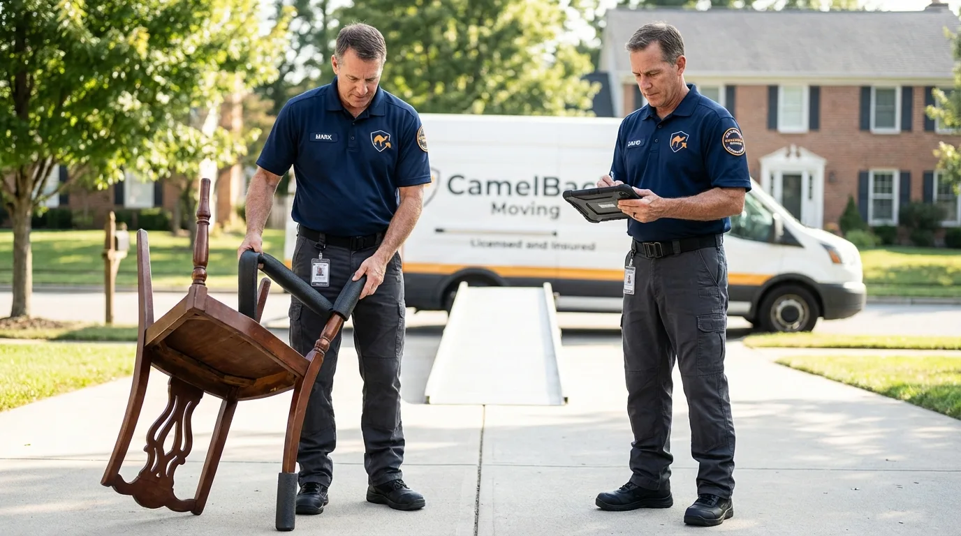 Movers inspecting furniture for damage prevention before loading in Newtown, PA