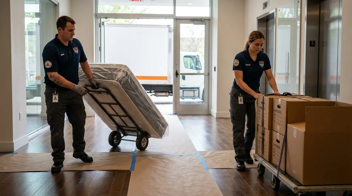 Professional apartment movers loading elevator in Newtown, PA